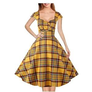 Hanpceirs Cap Sleeve 1950s Retro Vintage Style swing Gold Plaid Dress size XS